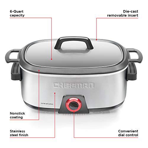 chefman 6-quart slow cooker, electric countertop cooking, stovetop &a; oven-safe removable insert for browning &a; sauting, famil