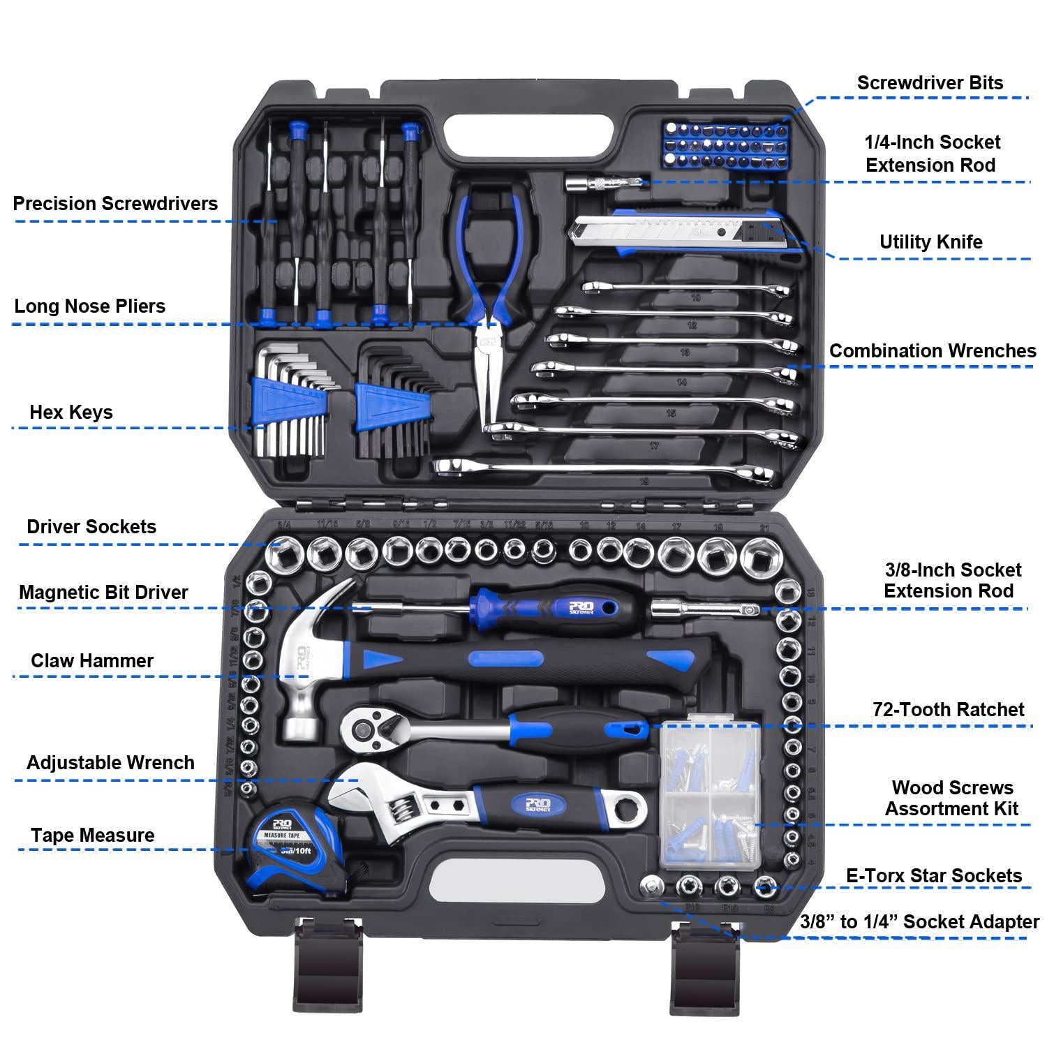 prostormer 148-piece hand tool set, mixed socket wrench household/auto repair tool kit with toolbox storage case for mechanic