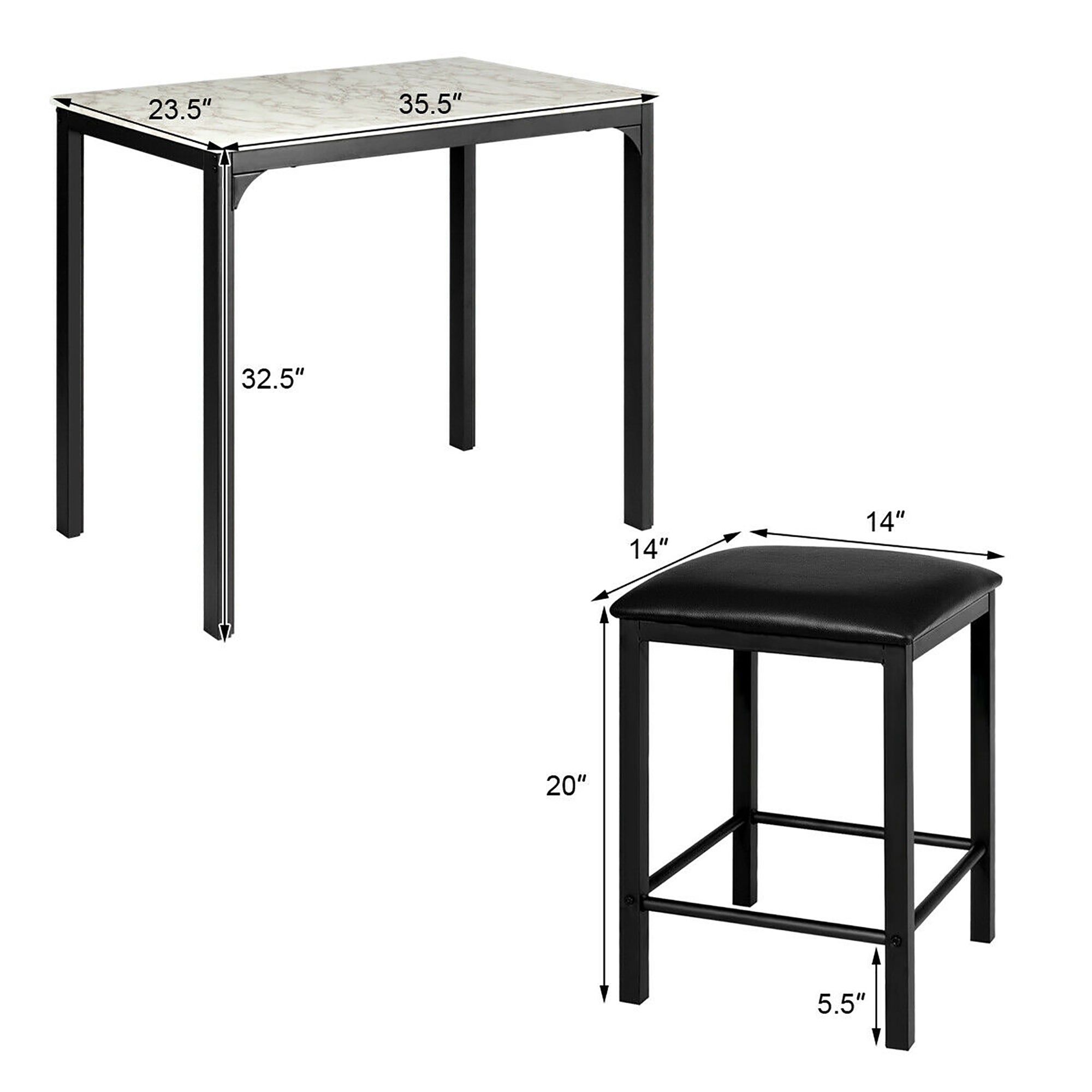 Costway 3 Piece Counter Height Dining Set Faux Marble Table and 2 Chairs Kitchen Bar