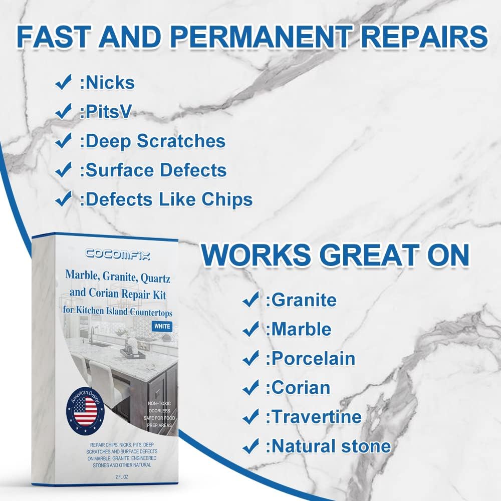 cocomfix Quartz Countertop Chip Repair Kit. Marble and Granite Repair Kit.(White) - Quickly Repair Countertop Chips and Cracks