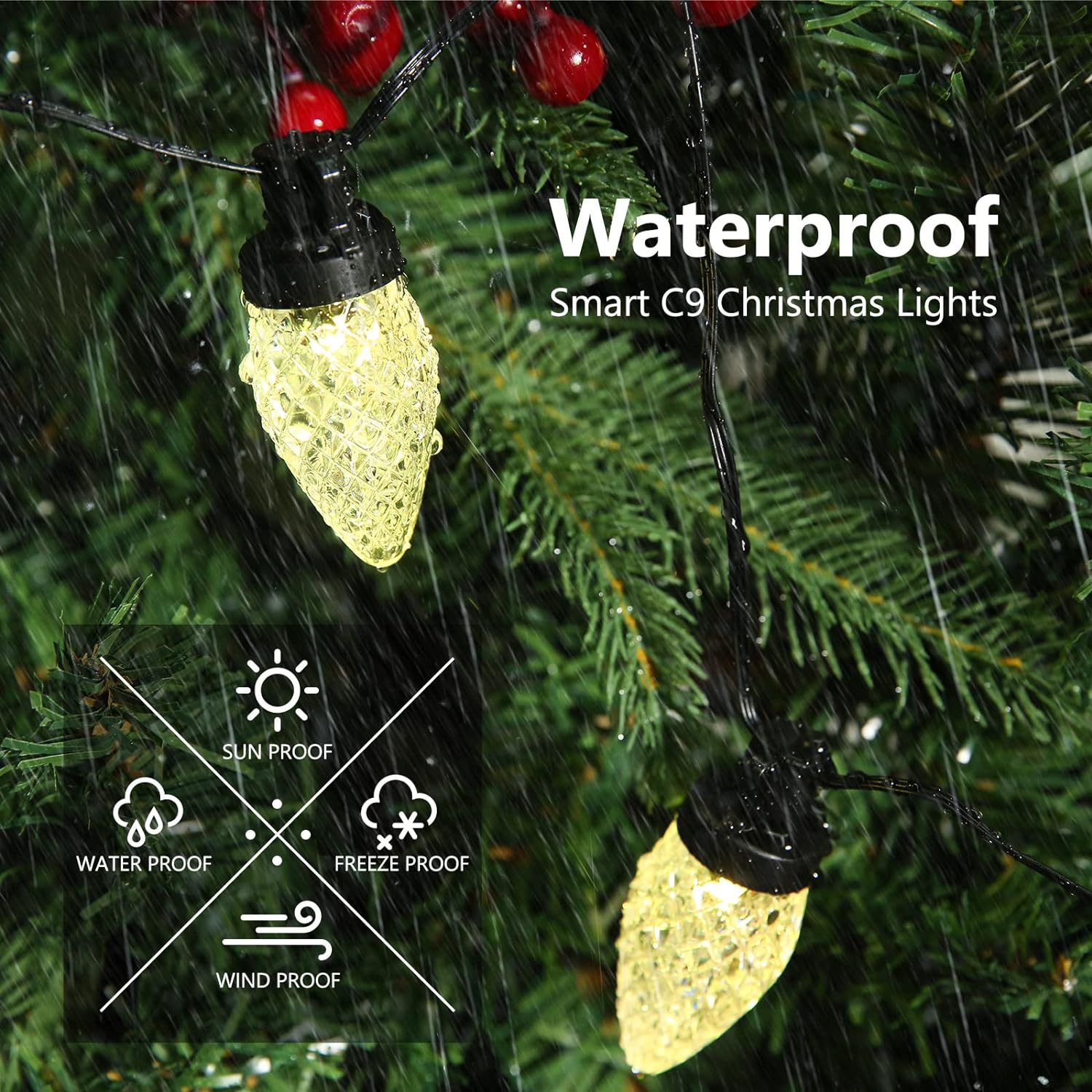 iBaycon Smart C9 Christmas Lights, 50 LED 33ft Bluetooth Outdoor Christmas Lights String, APP Remote Controlled, Music Sync Color Chang
