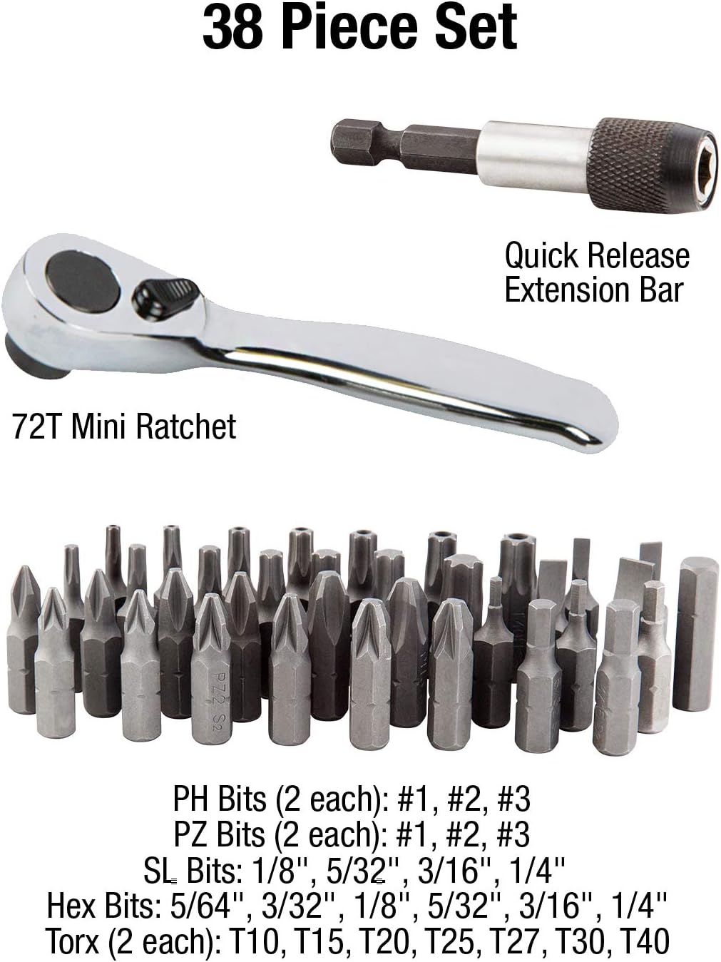 SUNEX TOOLS Sunex 9726 Mini Ratchet and Bit Set, 1/8-Inch - 1/4-Inch S2 Bits, 5/64-Inch - 1/4-Inch hex bits, 38-Piece Silver