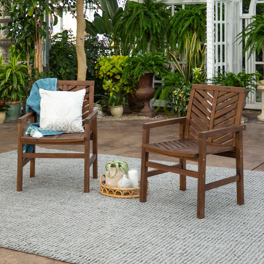 Walker Edison Solid Acacia Wood Chevron Outdoor Chair, 2pk - Dark Brown