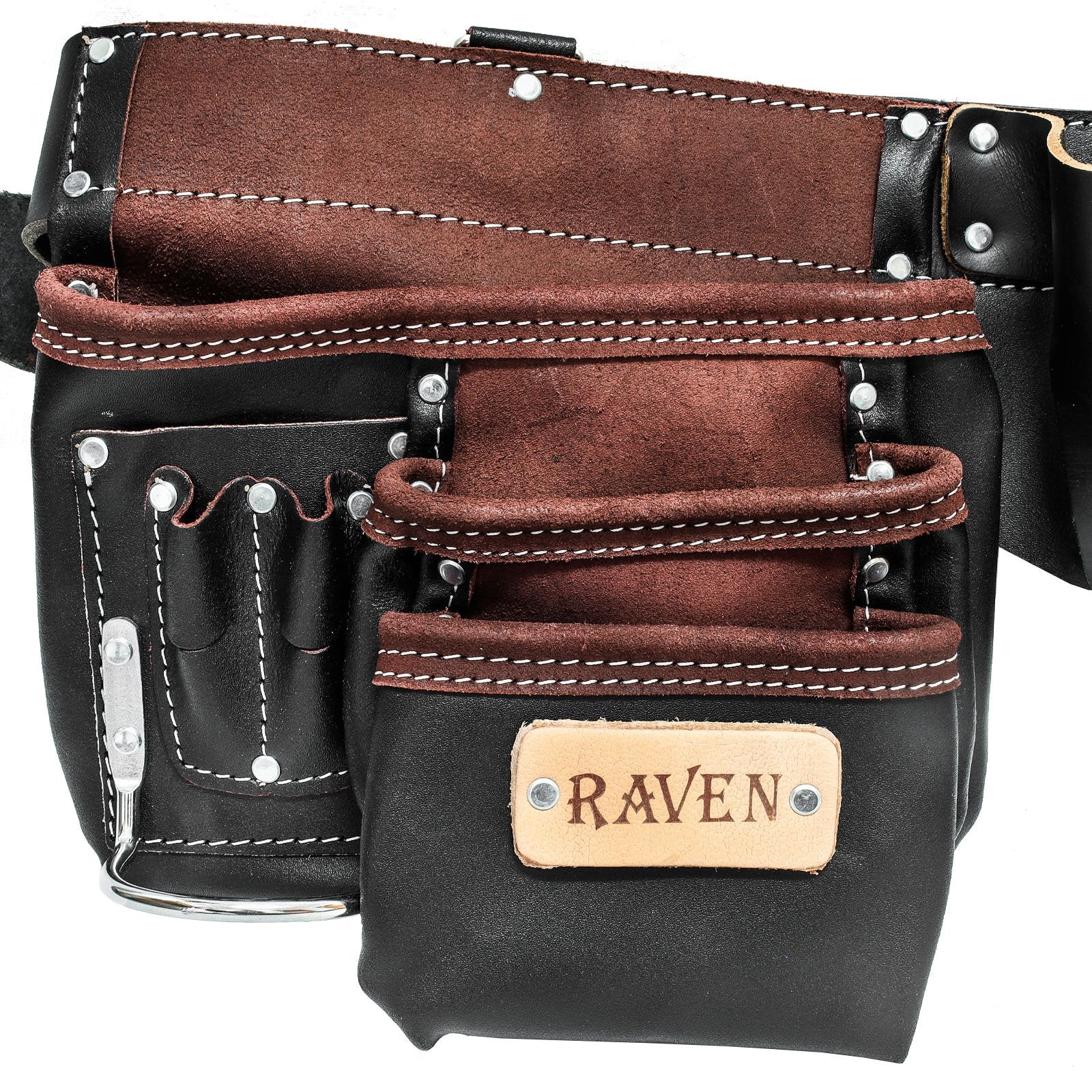 ToolTreaux Heavy Duty 13 Pocket Leather Tool Belt with 2 Steel Hammer Loops, Black Brown