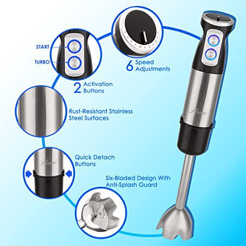 Asani 5 in 1 handheld immersion blender, anti-splash stick blender with a milk frother, egg whisk, food grinder, and blending conta