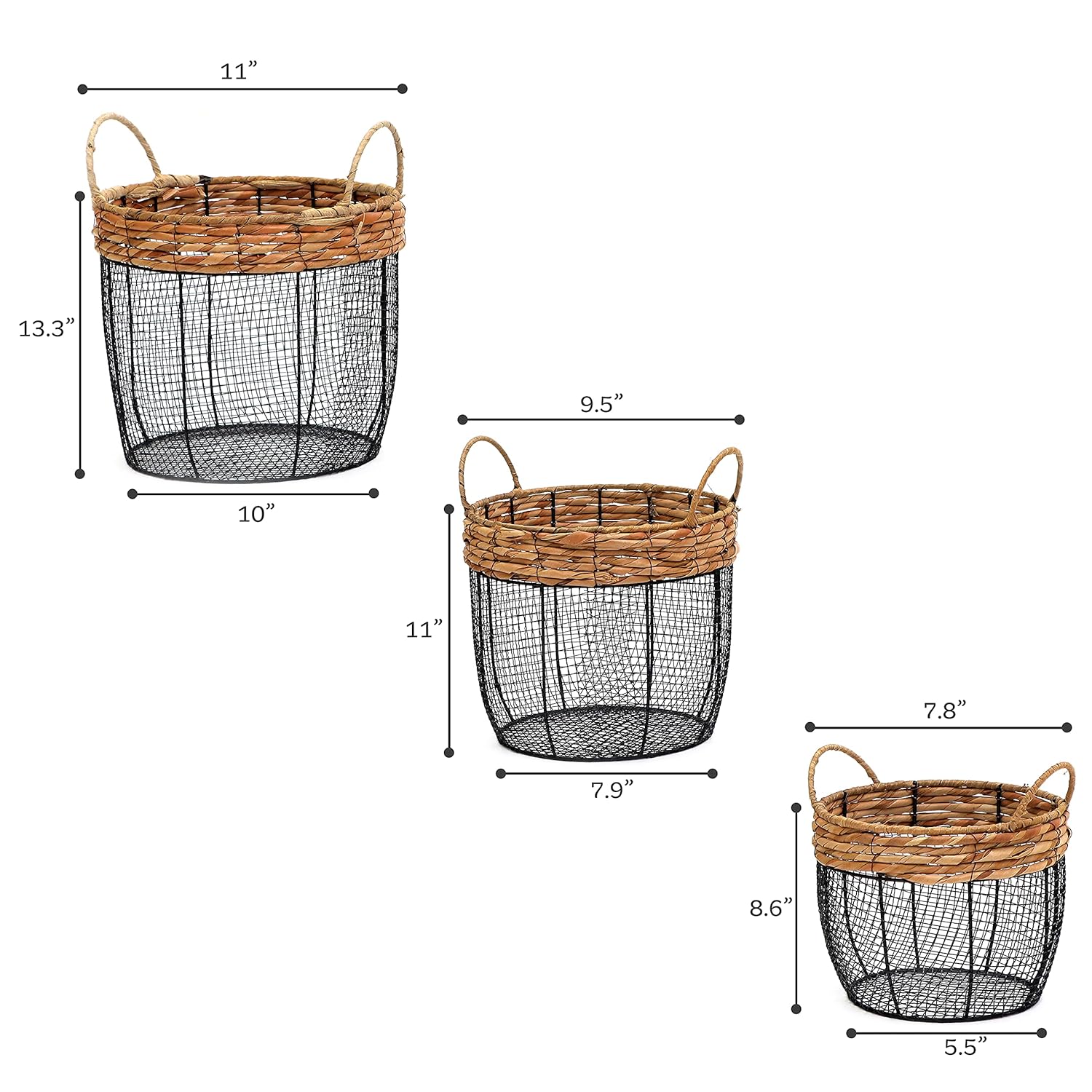 GCP Products Oval Wire Tall Garden Home Dãcor Baskets With Wicker And Handles - Set Of 3