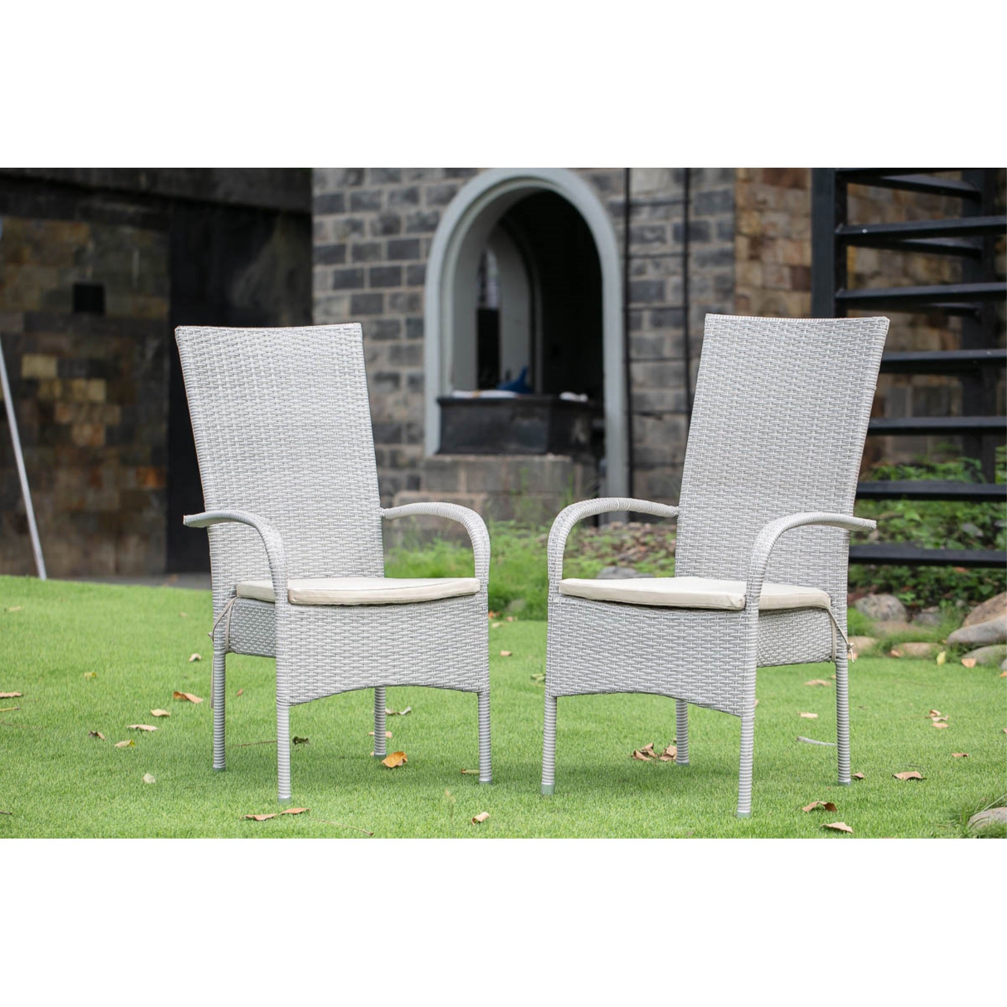 East West Furniture Set of 2 Chairs OSLC103A OSLO PATIO CHAIR WITH CUSHION, NATURAL LINEN WICKER, AND BEIGE CUSHION