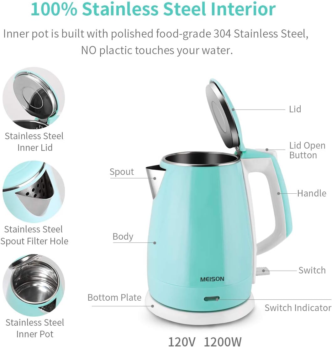 MEISON Electric Kettles Stainless Steel Interior, Double Wall Hot Water Boiler Heater, Cool Touch Electric Teapot Heater Kettle, Auto