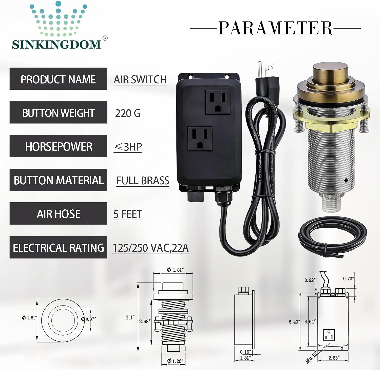 SINKINGDOM SinkTop Air Switch Kit with Champagne Bronze Long Button (Full Brass) for Garbage Disposal, Single Outlet
