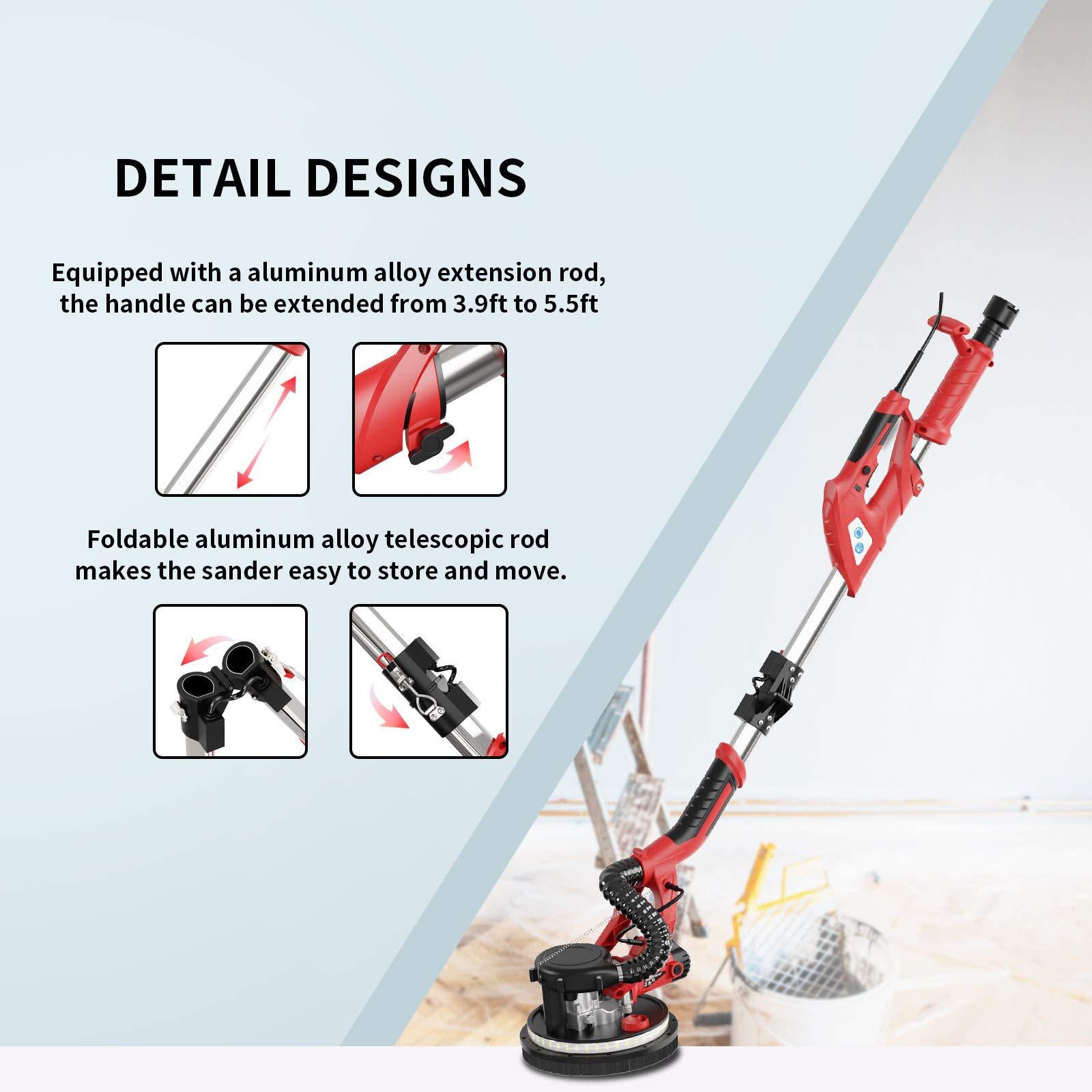 yattich drywall sander, 750w electric sander with 12 pcs sanding discs, 7 variable speed 800-1750 rpm wall sander with extend