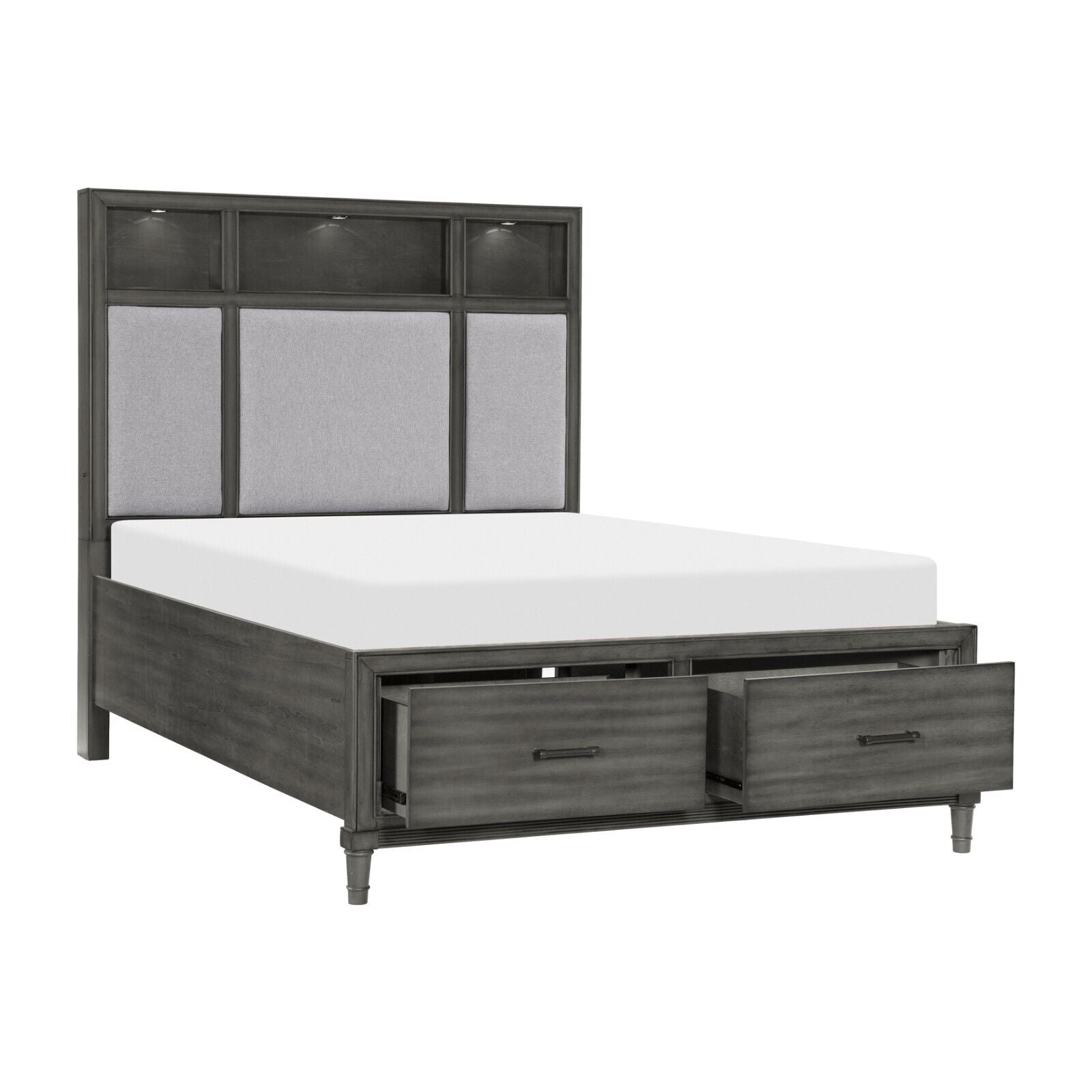 Esofastore Gray 3pc Bedroom Set Drawer Shelf LED Platform King Bed and Two Nightstands Set Wooden Furniture