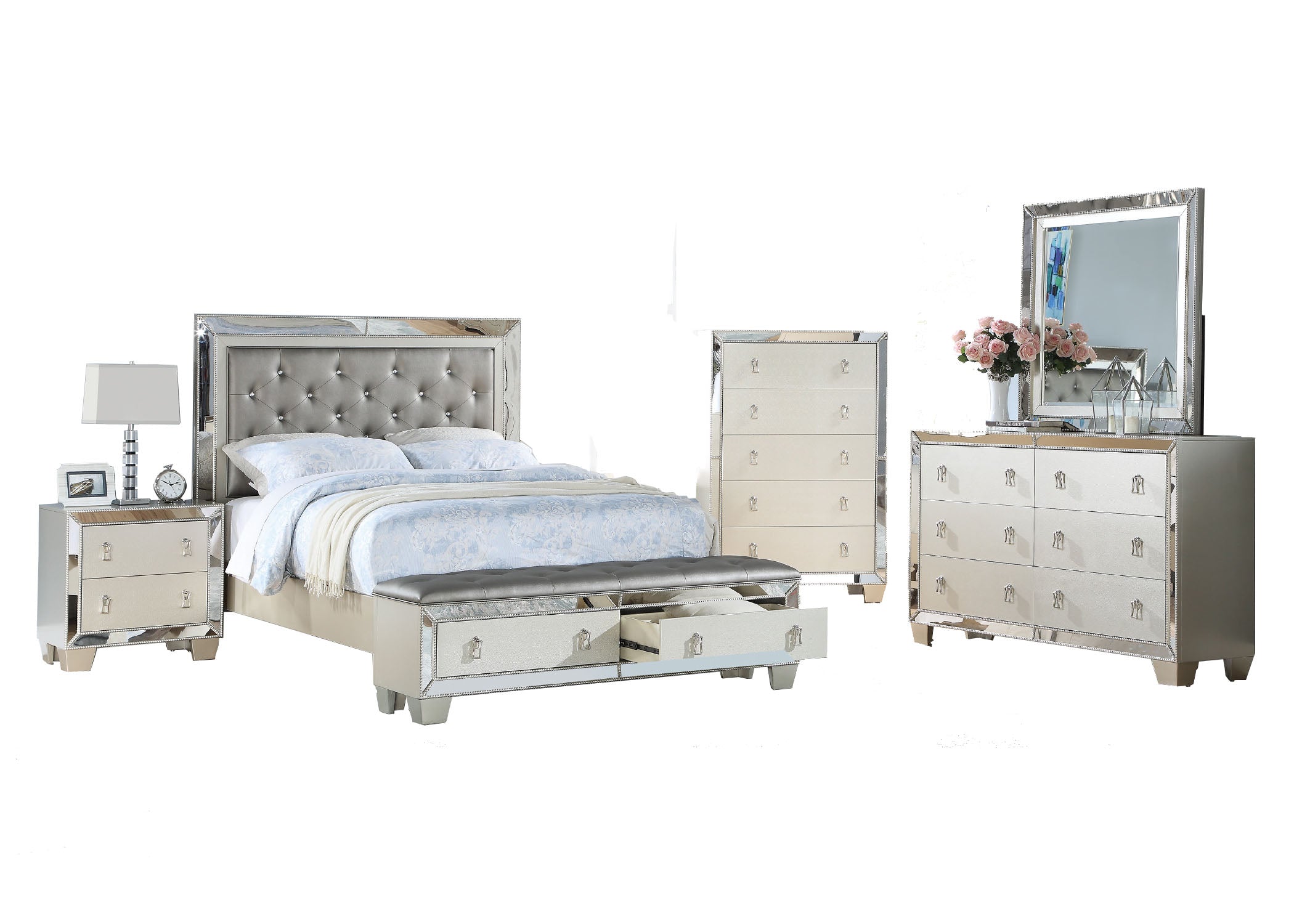 Esofastore Contemporary Bedroom Furniture Queen Size Bed w Storage FB Dresser Mirror Nightstand 4pcs Set