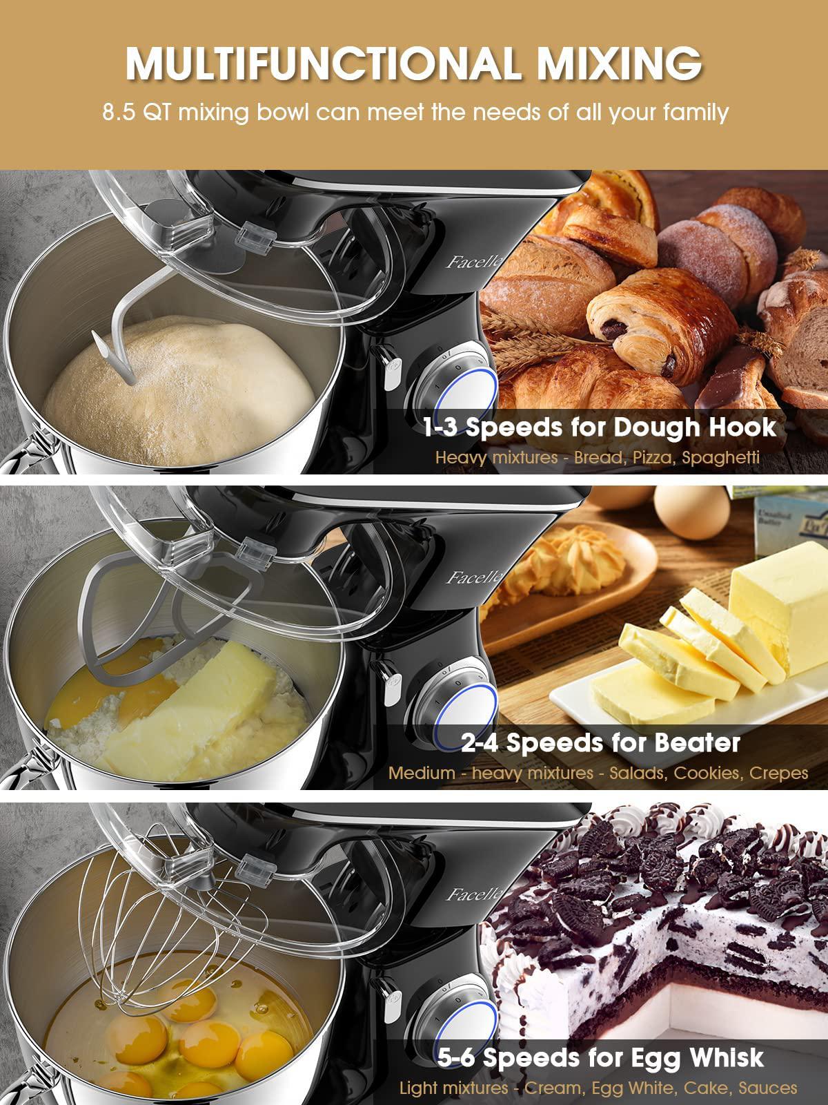 Facelle stand mixer, 8.5 quart electric mixer facelle, 660w 6-speed tilt-head kitchen electric food mixer with beater, dough hook and