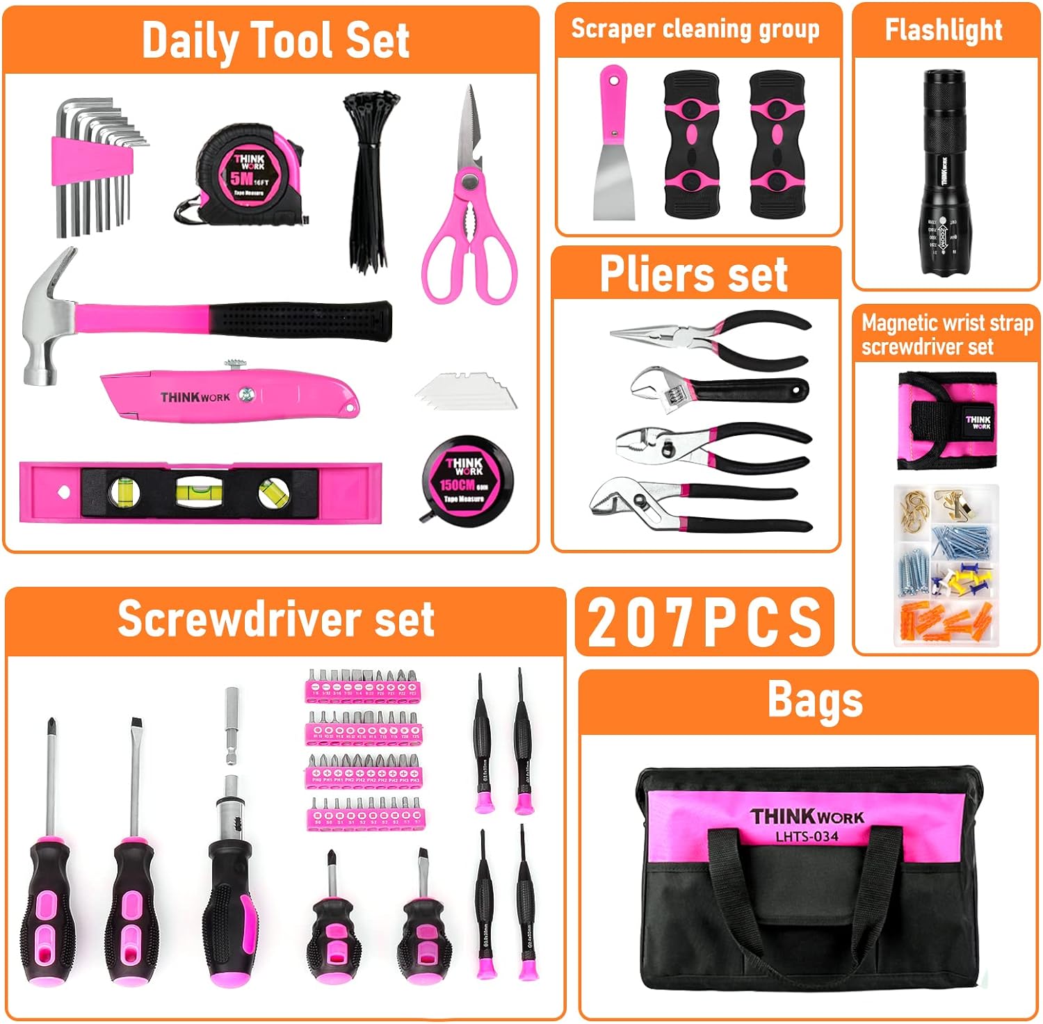 Thinkwork Pink Tool Set - 207 Piece Lady&s;s Portable Home Repairing Tool Kit with 13&s;&s; Wide Mouth Open Storage Tool Bag, Perfect for DIY,