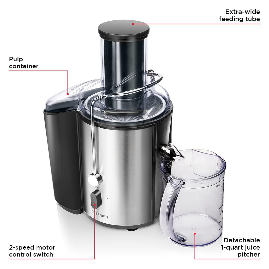 chefman 2-speed electric juicer, extra-wide feeding tube for whole fruits, make nutritious vegetable and green juice, detacha
