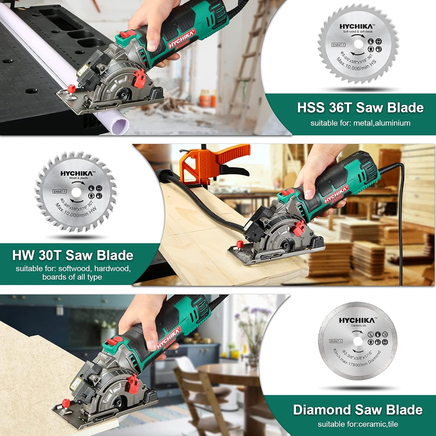 HYCHIKA Mini Circular Saw ,Compact Circular Saw Tile Saw with 3 Saw Blades , 3-3/8”4500RPM Ideal for Wood, Soft Metal
