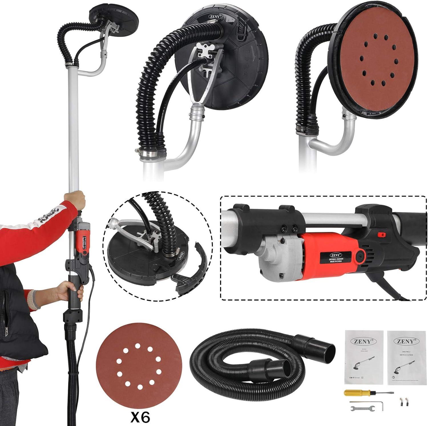 Zeny 800W Electric Drywall Sander Adjustable Variable Speed w/ 6 Sand Pads