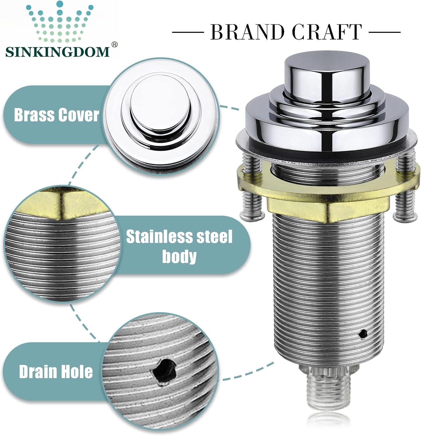 SINKINGDOM SinkTop Air Switch Kit (Long Full Brass Button) for Garbage Disposal, Cordless (Chrome)