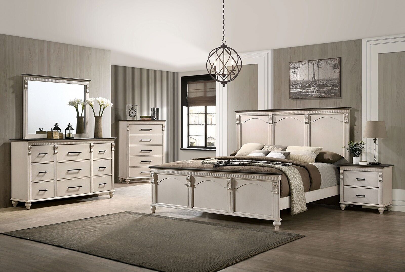 Esofastore Cal King Size Bed 1pc Antique White Walnut Fluted Panels Headboard Footboard Bedroom Furniture Two Tone Solid wood Contemporary
