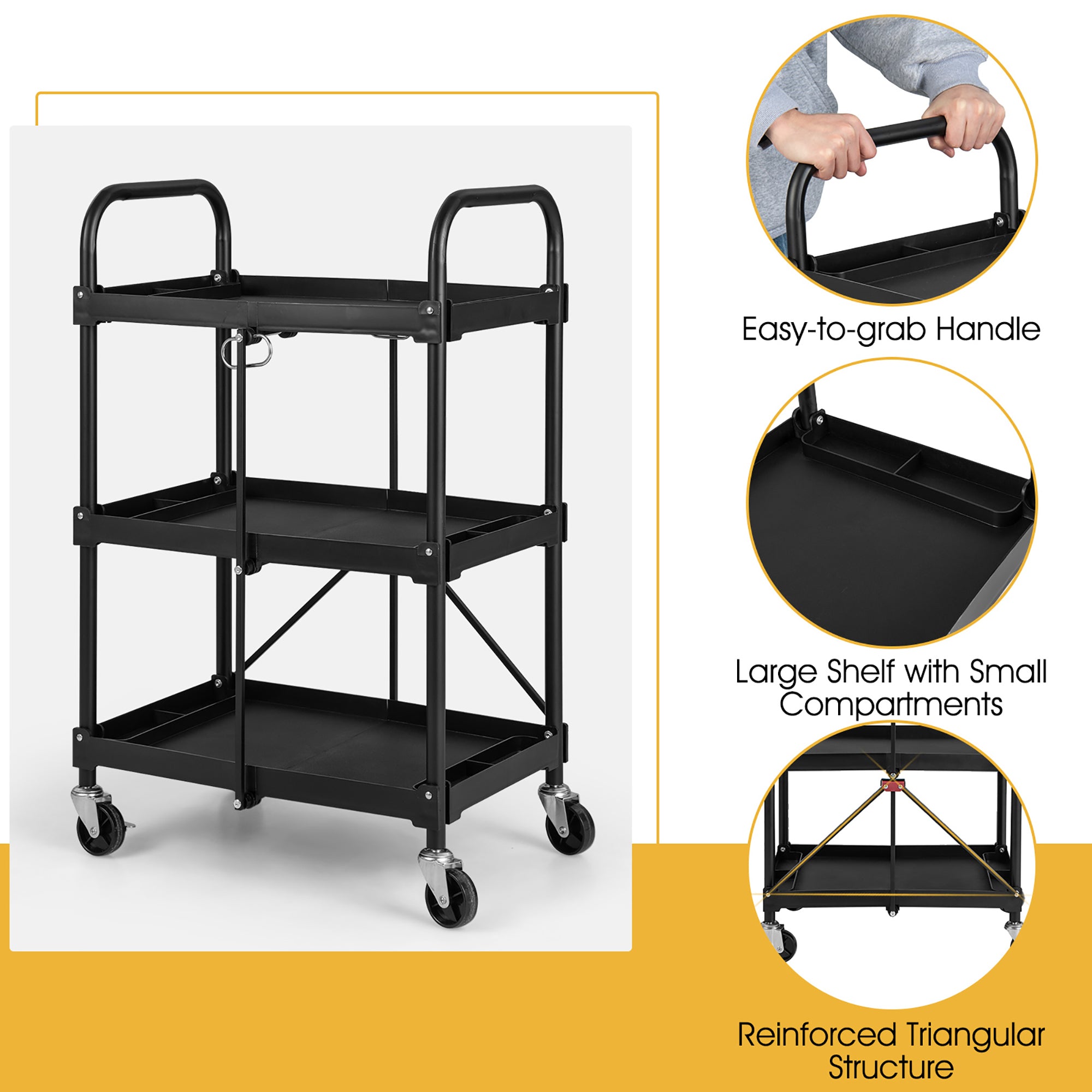 Costway Folding Collapsible Service Cart Heavy-Duty 3-Shelf Tool Cart with 4 Wheels