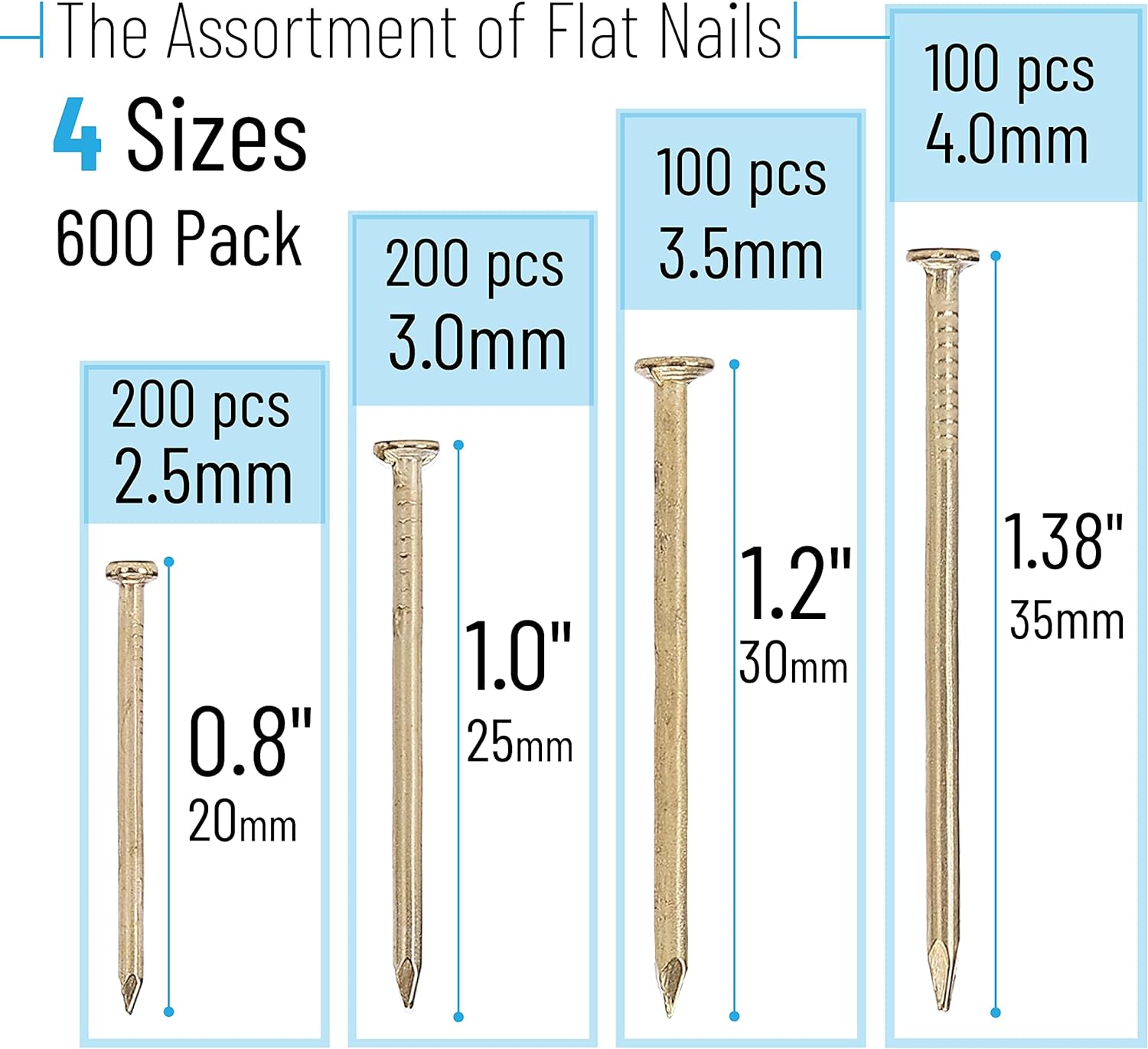 Mr. Pen - Nail Assortment Kit, 600 Pcs, 4 Sizes, Gold, Small Nails, Nails for Hanging Pictures, Finishing Nails, Wall Nails for Hanging