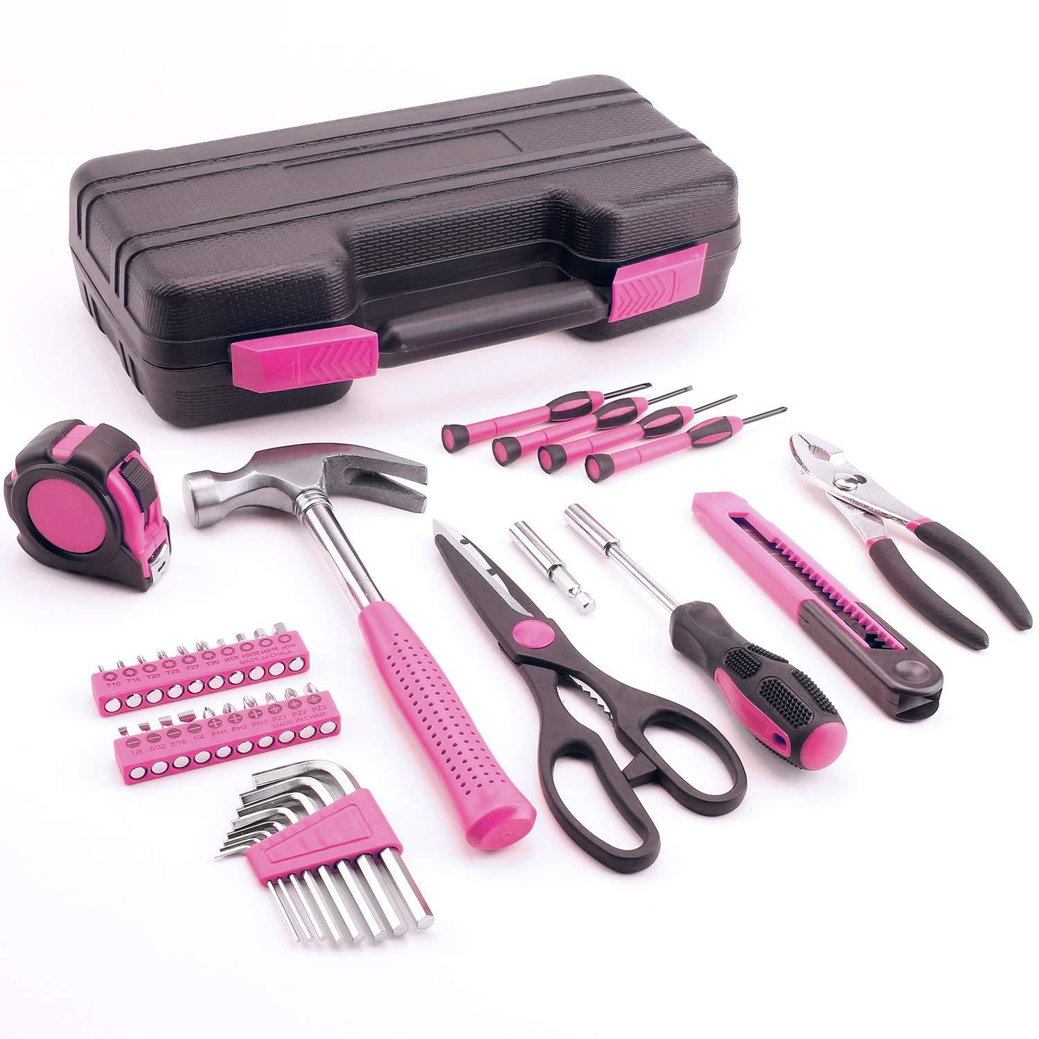 EFFICERE 40-piece all purpose household pink tool kit for girls, ladies and women - includes all essential tools for home, garage, off