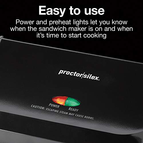 Proctor Silex 4 Serving Panini Press, Sandwich Maker and Compact Indoor Grill, Upright Storage, Easy Clean Nonstick Grids, Black