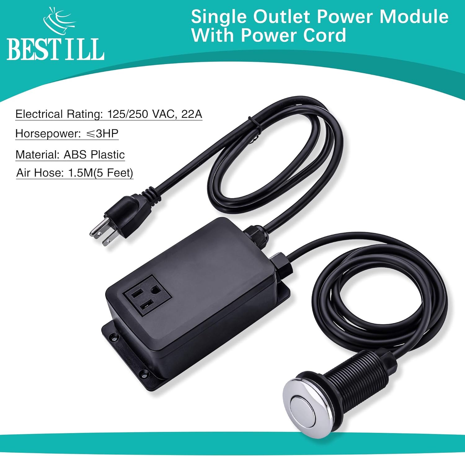 BeStill Sink Top Garbage Disposal Air Switch Kit with Single Outlet, Long Chrome Push Button