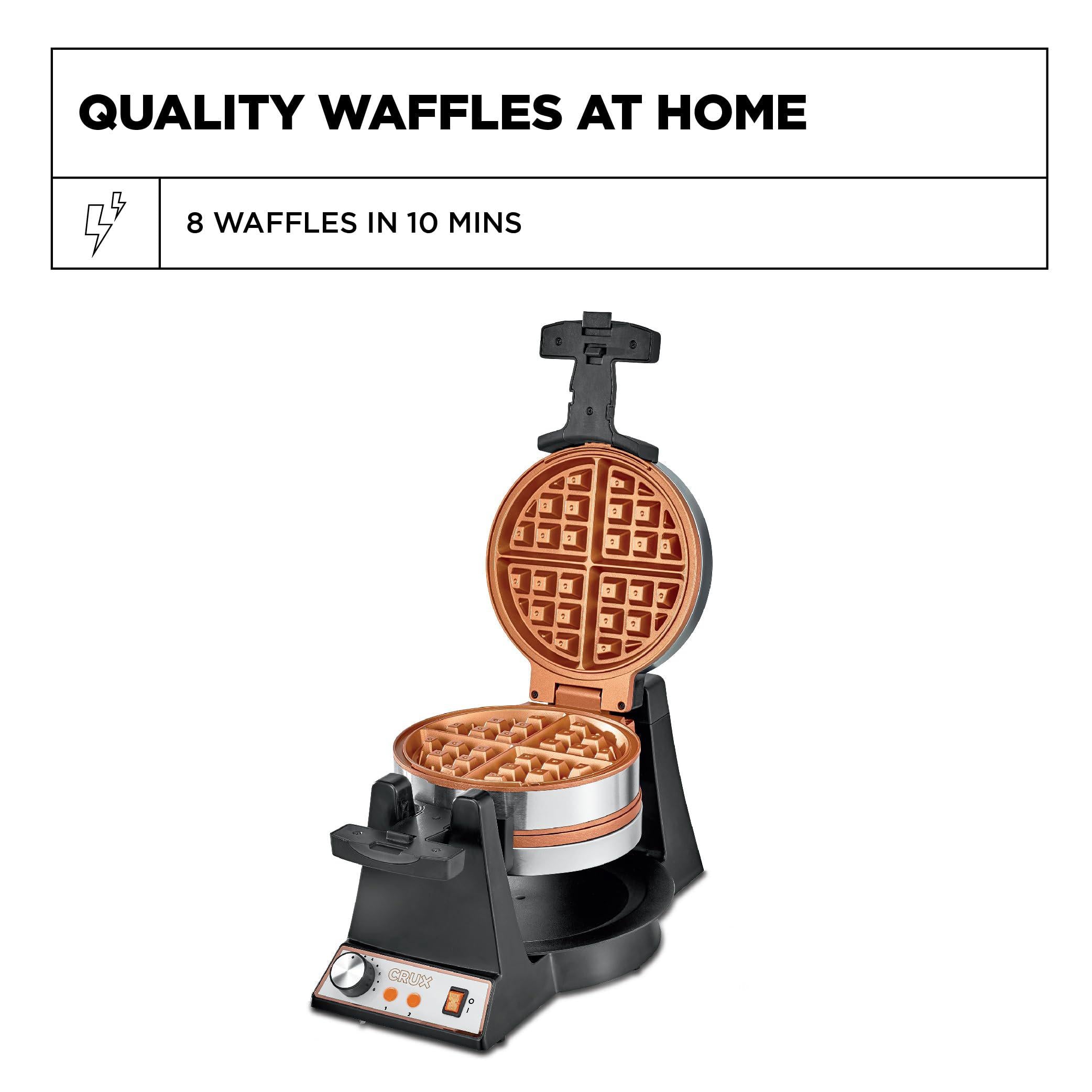 crux double rotating belgian waffle maker, keto chaffles iron with nonstick pfoa free copper plates for easy food release, br