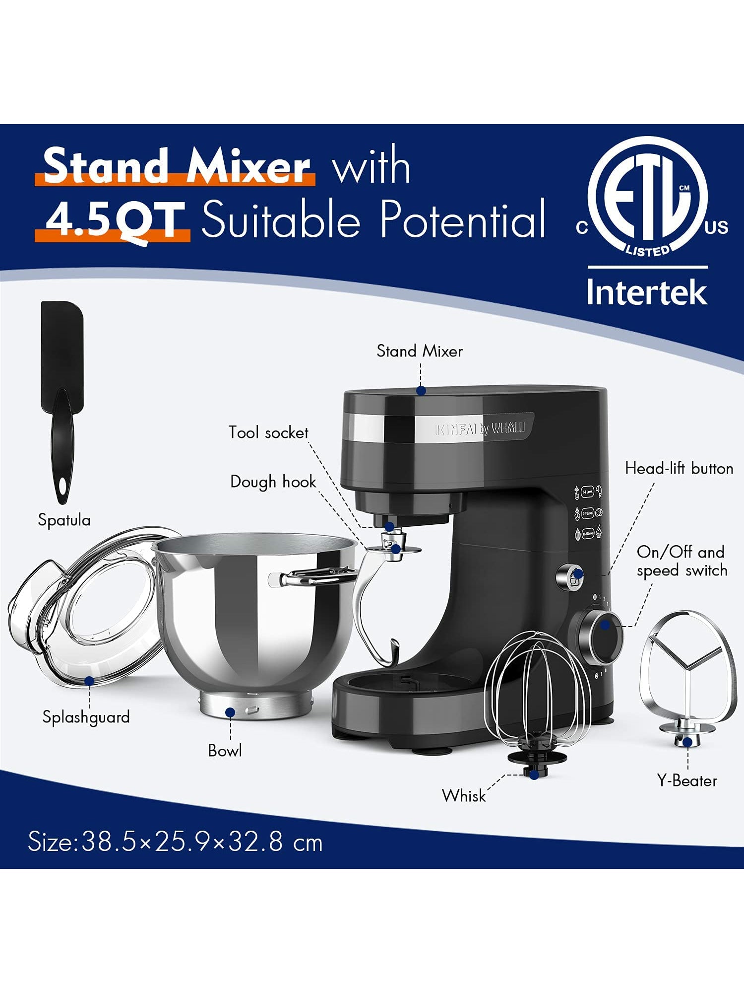 Whall Kinfai Electric Kitchen Stand Mixer Machine with 4.5 Quart Bowl for Baking, Dough, Cooking, Black