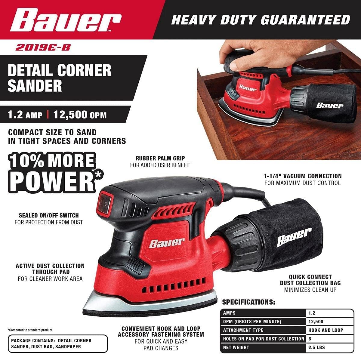 HFT Bauer Heavy Duty 1.2 Amp Detail Corner Sander up to 12,500 OPM by BAUER
