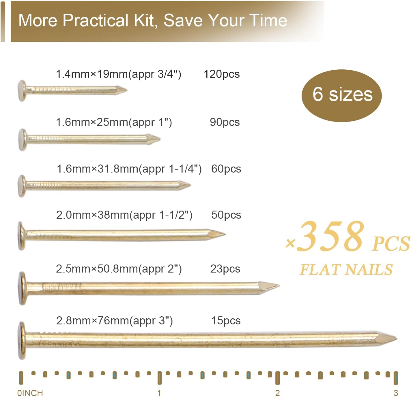 JEGONFRI 6 Sizes Gold Hardware Nails Assortment Kit, 358pcs, Brass Plated, Nails for Hanging Pictures, Finishing Nails, Wood Nails, Wall
