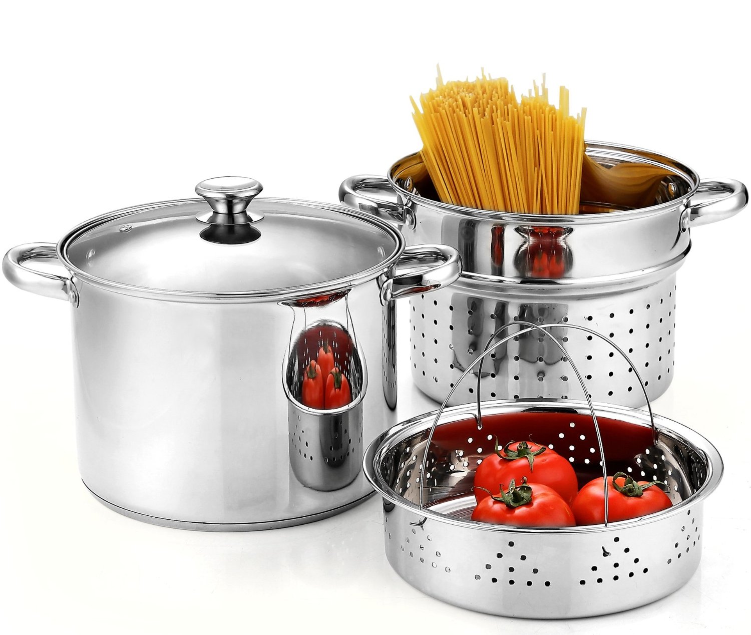 Cook N Home Stainless Steel 4-Piece Pasta Cooker Steamer Multipots with Encapsulated Bottom, 8-Quart