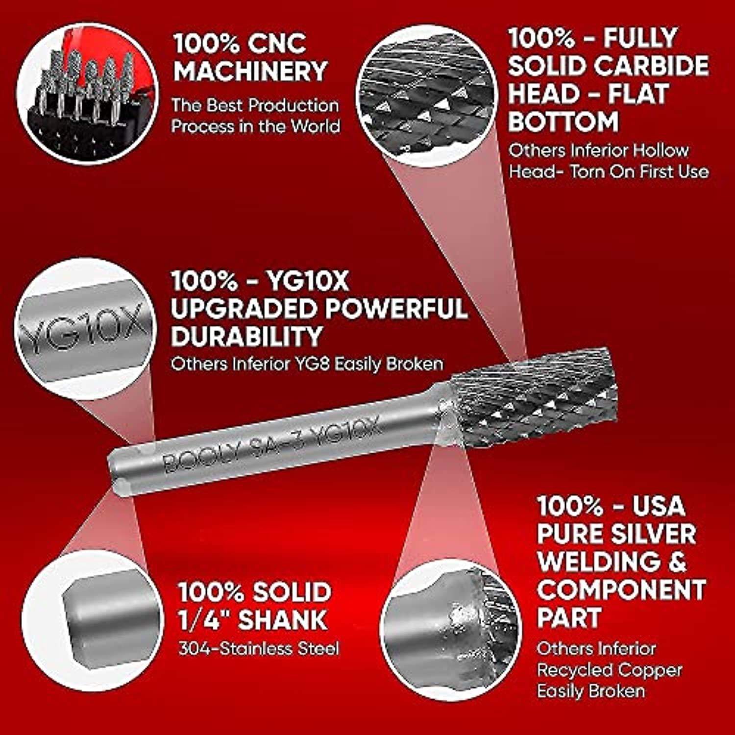 BOOLY carbide burrs set 10pc yg10x upgraded tungsten carbide rotary burr 1/4