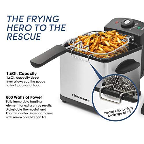 elite gourmet edf-1607 800-watt mesh basket 1.6 quart / 6.5 cup oil capacity, electric immersion deep fryer with temperature
