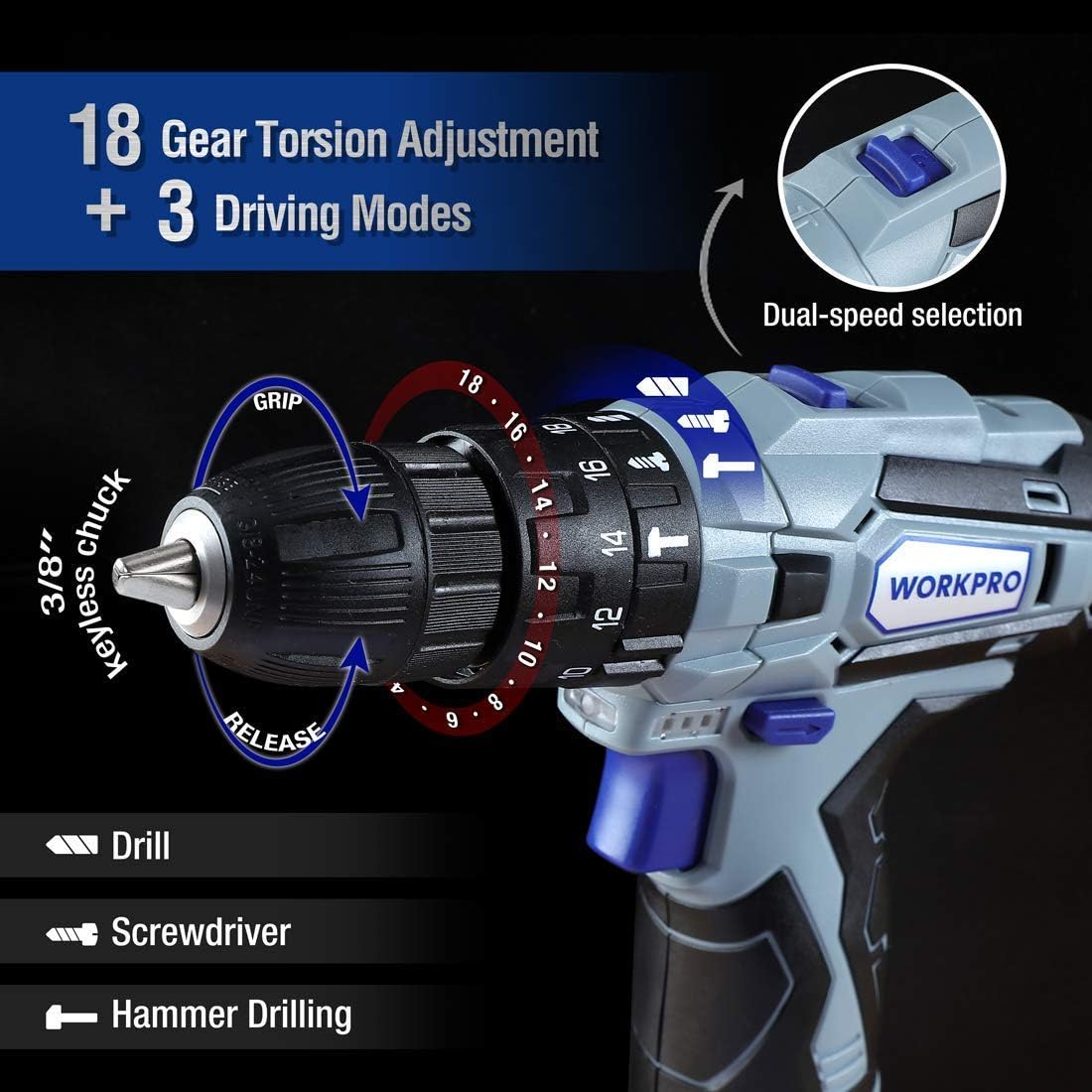 WORKPRO 12V Cordless Drill and Home Tool Kit, 177 Pieces Combo Kit with 14-inch Tool Bag