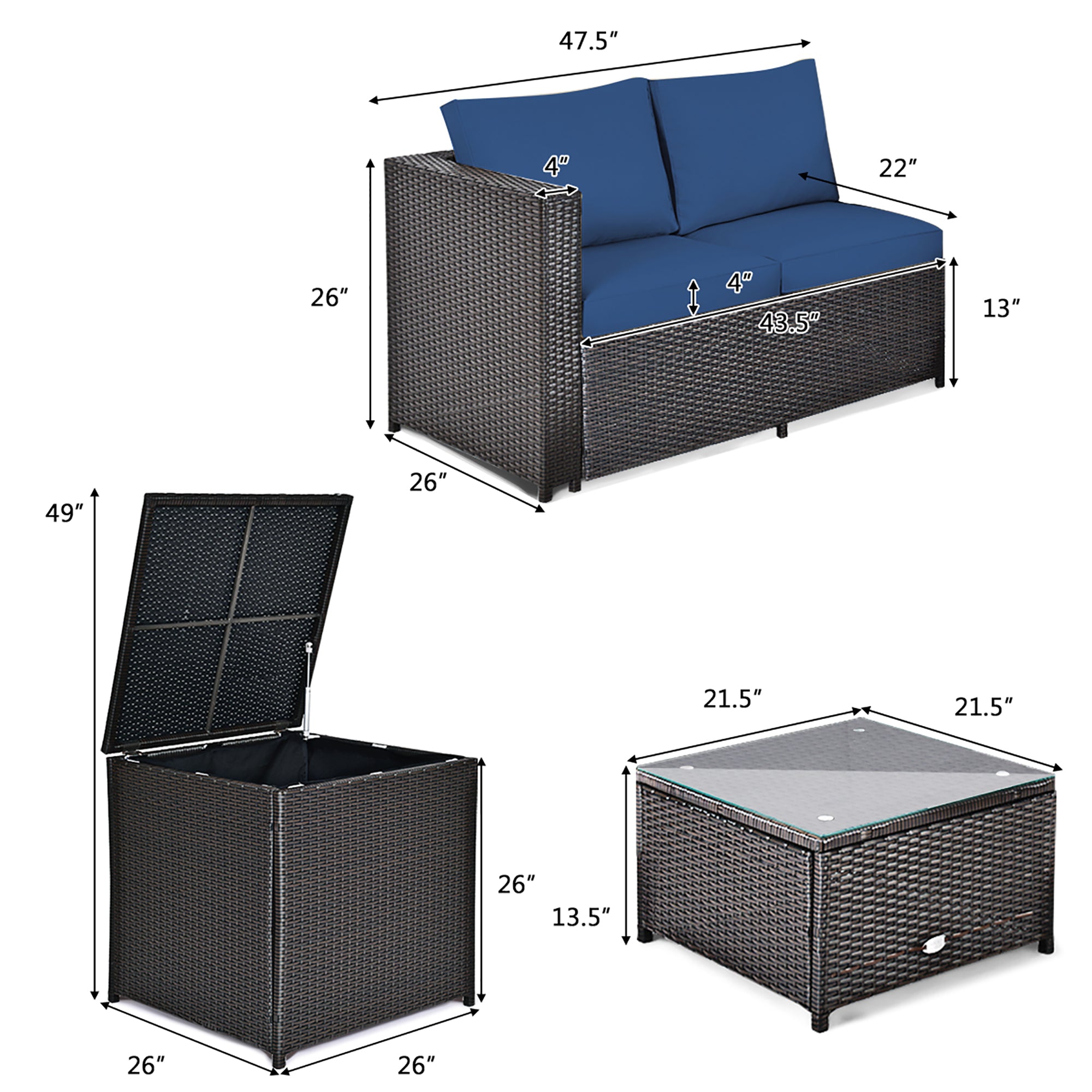 Costway 4PCS Patio Rattan Furniture Set Cushioned Loveseat Storage Table Navy