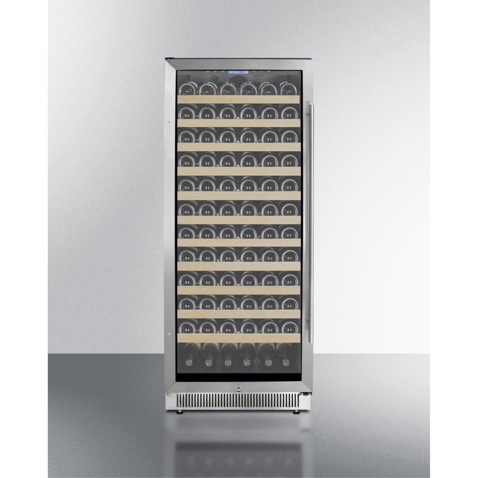 Summit Upright single-zone wine cellar with glass door, digital thermostat, and black cabinet