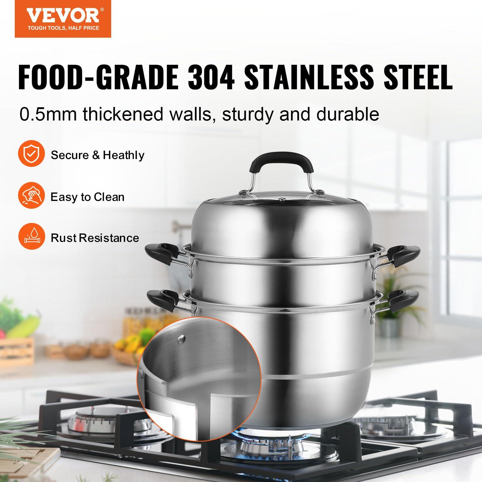 vevor steamer pot 11in/28cm, 3 tier steamer pot for cooking with 8.5qt stock pot, vegetable steamer &a; 2 steaming tray, food-g
