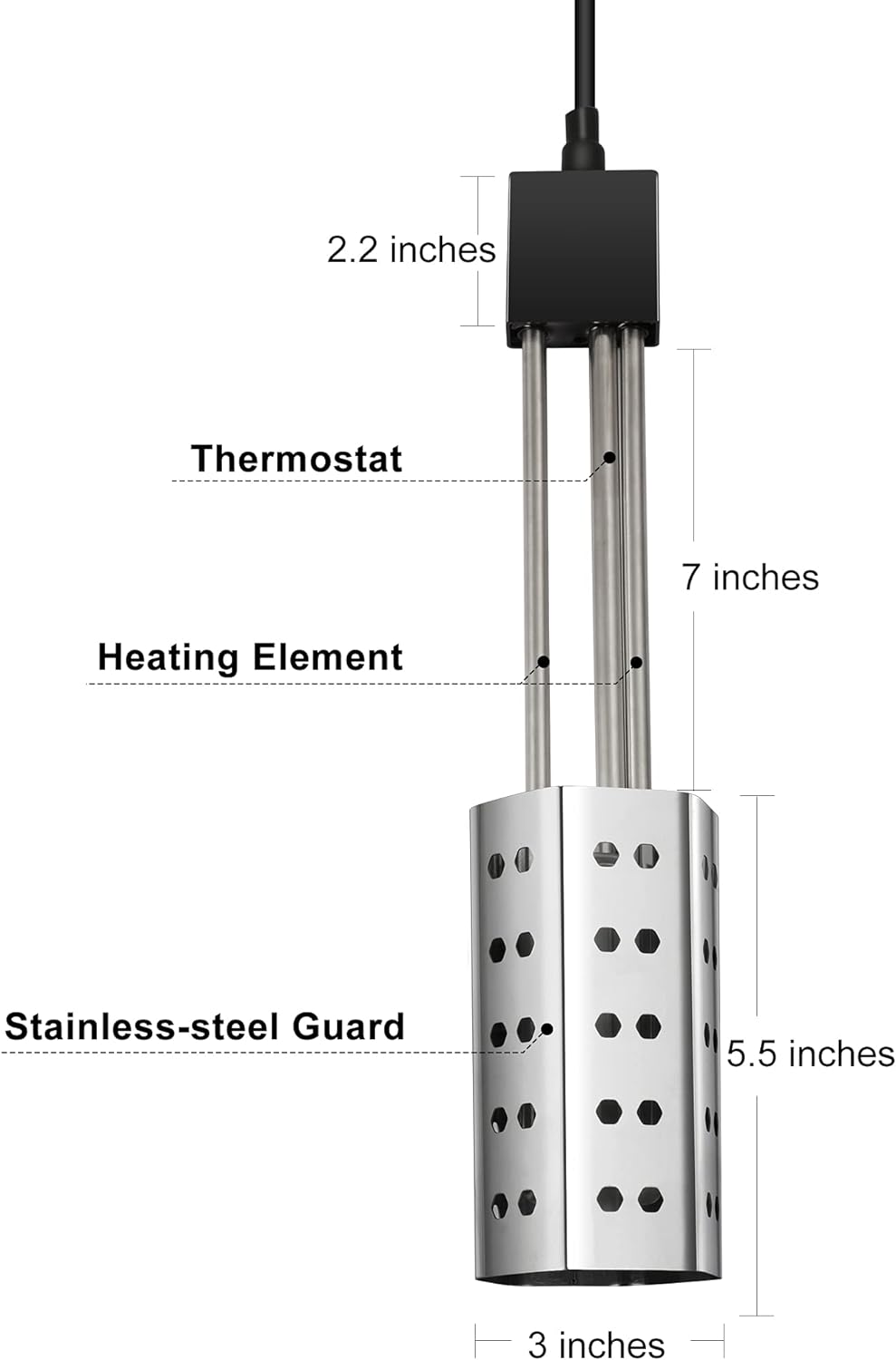 Gesail 1500W Electric Immersion Heater, Bucket Water Heater with 304 Stainless-steel Guard, Submersible Bucket Heater with Thermostat