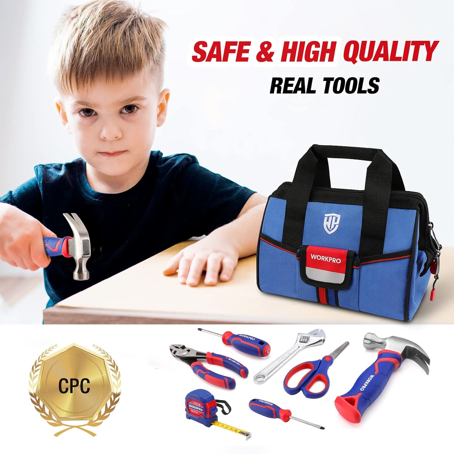 HANZGHOU GREATSTAR INDUSTRIAL  WORKPRO 9-Piece Kids Real Hand Tool Set, Blue Junior Tool Kit with Storage Bag for Boys, Girls, Children DIY Building and Woodw