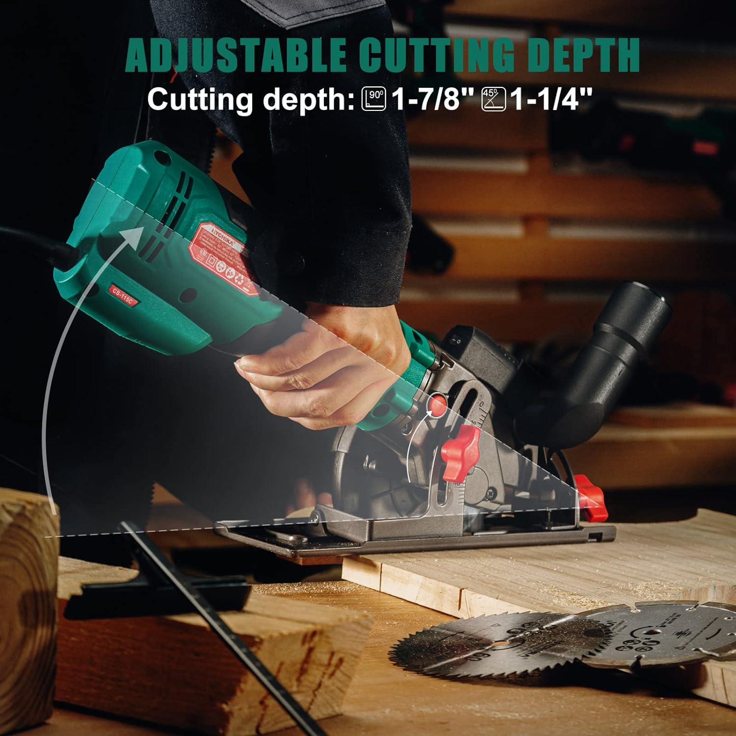 HYCHIKA Circular Saw, HYCHIKA 6.2A Electric Mini Circular Saw, Laser Guide, 6 Blades (4-1/2”), Max Cutting Depth 1-11/16&s;&s; (90°)
