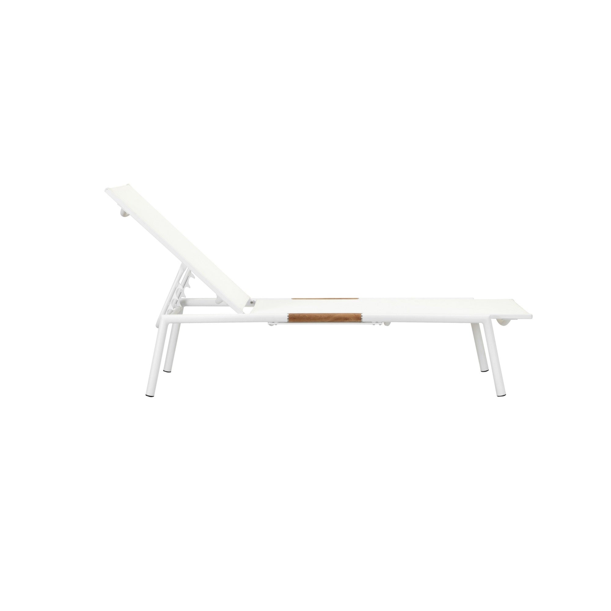 Benzara Shia 79 Inch Chaise Lounger, White Aluminum Frames, Teak Accent, Set of 2