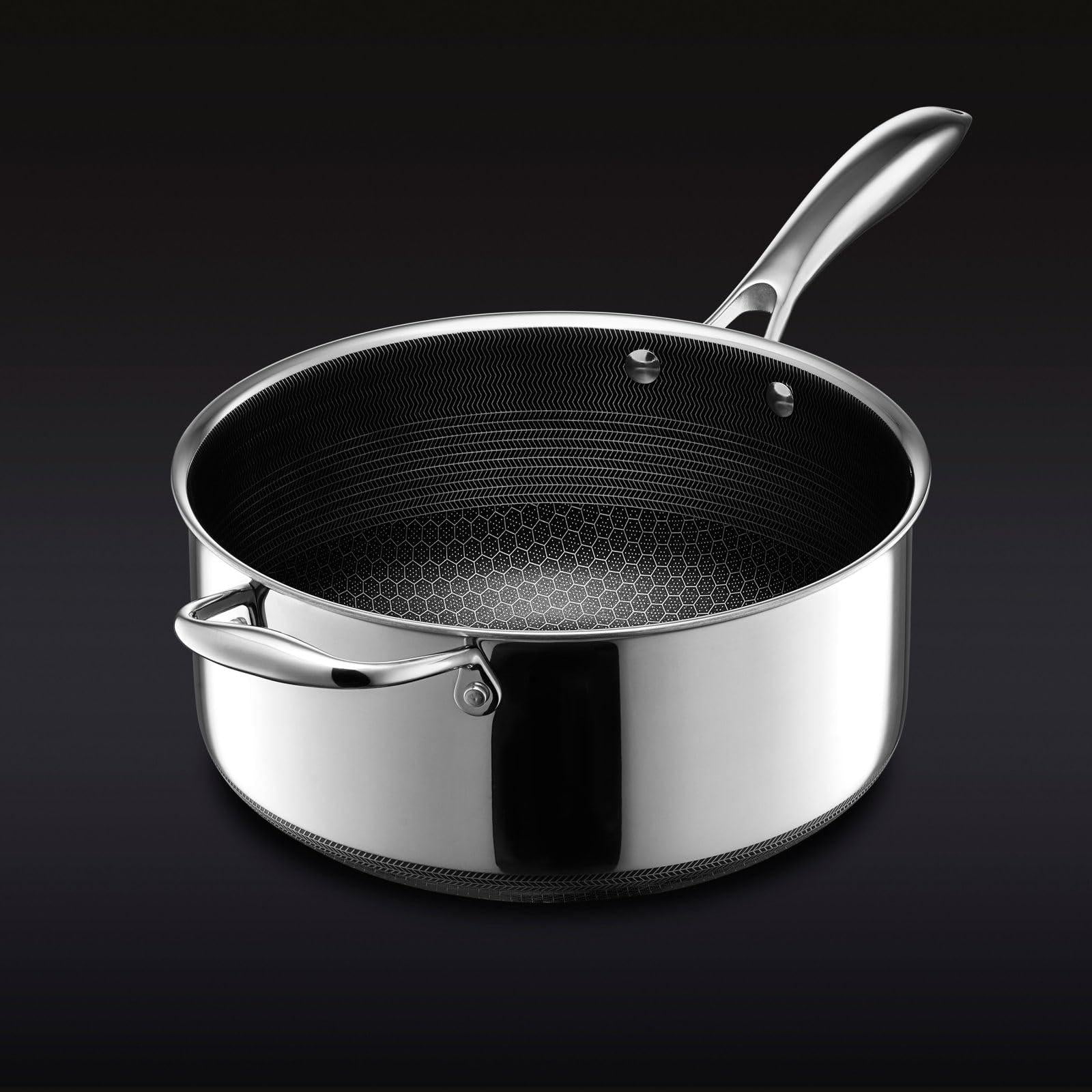 hexclad cookware 5-quart hybrid saucepan and glass lid, stay-cool handle, pfoa-free non-stick surface