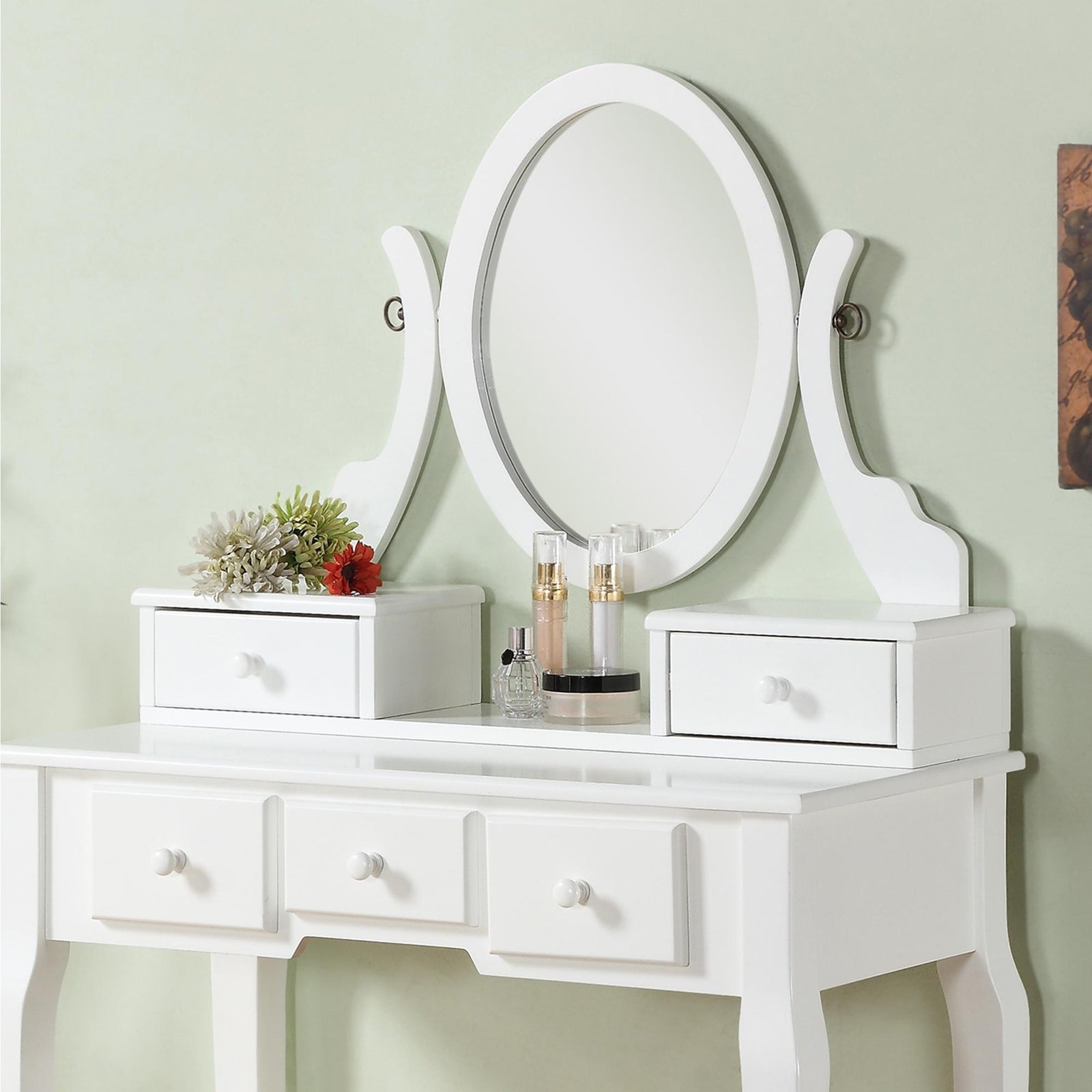 Roundhill Furniture Ashley Wood 2pc. 5-Drawer Bedroom Vanity Set with Stool - White