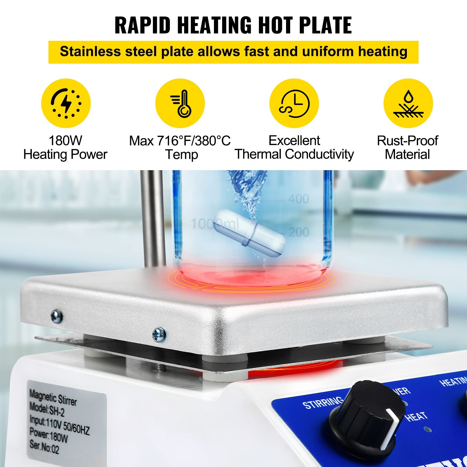Happybuy Magnetic Stirrer SH-2 Heating Plate 1000ml Magnetic Stirrer Hot Plate 0-2000 RPM Magnetic Stirrer Kit 180W Heating Powe