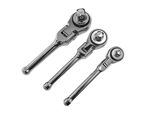 EZ Travel Collection 3 Piece Stubby Flexible Swivel Head Flex Head Ratchet Set- 3 Sizes (Chrome)
