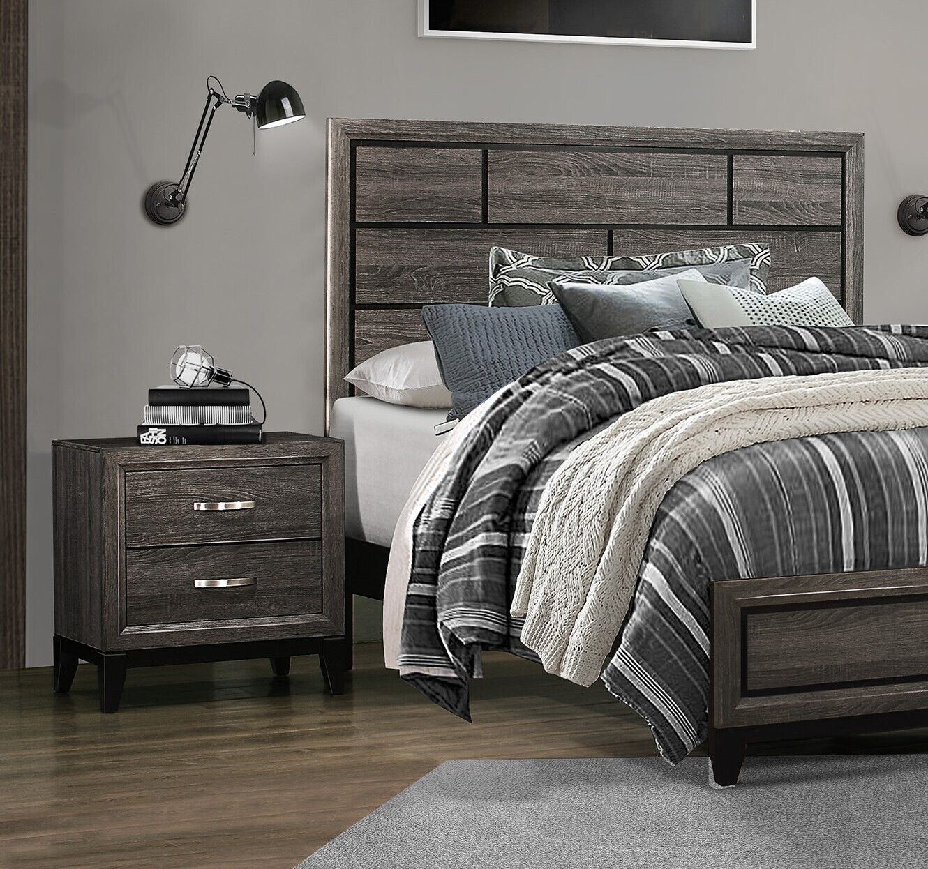Esofastore Contemporary Gray Finish 3pc Bedroom Set Eastern King Size Bed Nightstands Clean Lines Design Bedroom Furniture