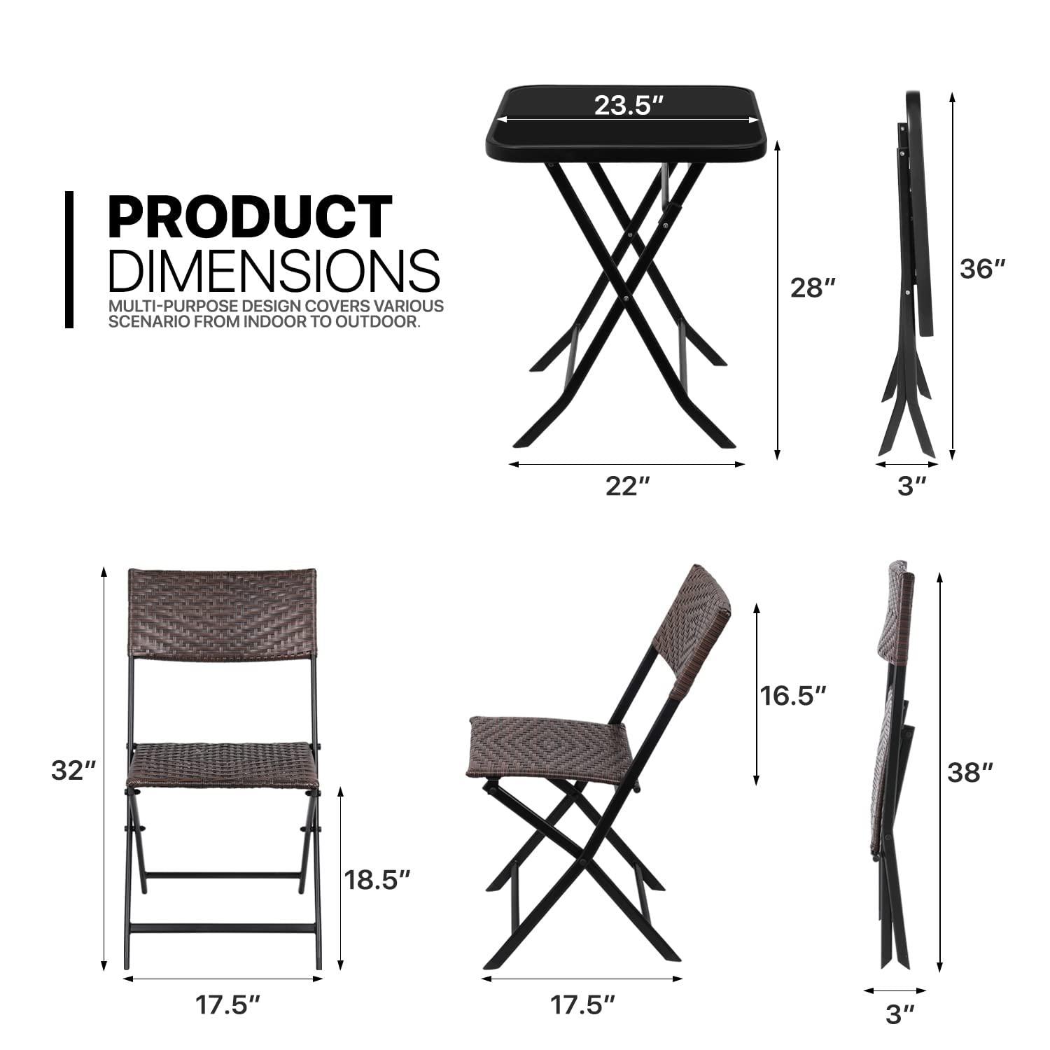 monibloom 3 piece patio bistro dining furniture set, 2 rattan foldable chairs and round table w/tempered glass tabletop for l