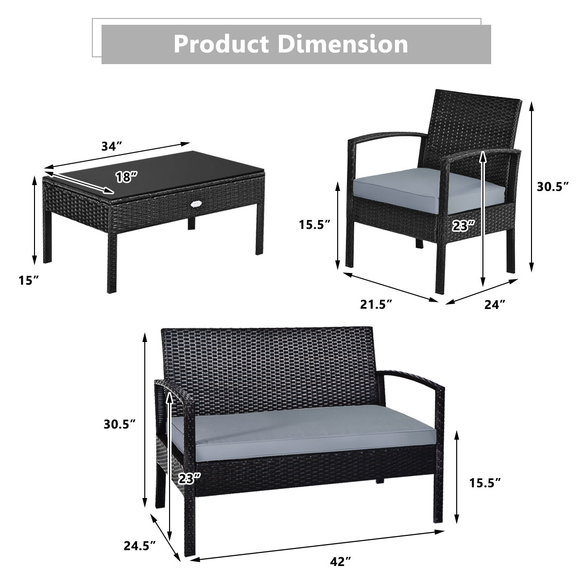 Topbuy Patiojoy 4PCS Rattan Wicker Outdoor Patio Conversation Set Cushioned Sofa Coffee Table